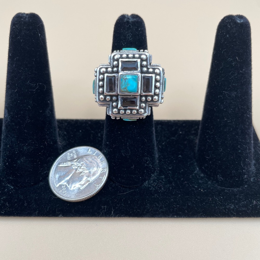 Barse Silver Plated Turquoise Whisky Quartz Womens Size 7.25 Cross Ring